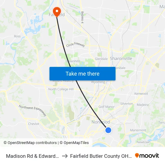 Madison Rd & Edwards Rd to Fairfield Butler County OH USA map