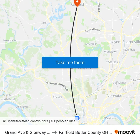 Grand Ave & Glenway Ave to Fairfield Butler County OH USA map