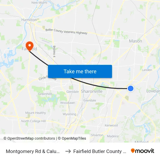 Montgomery Rd & Calumet Way to Fairfield Butler County OH USA map