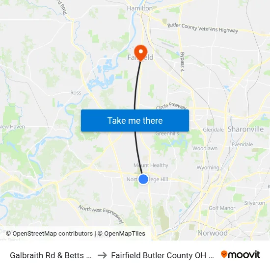 Galbraith Rd & Betts Ave to Fairfield Butler County OH USA map