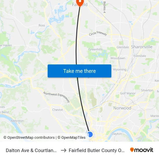 Dalton Ave & Courtland Ave to Fairfield Butler County OH USA map