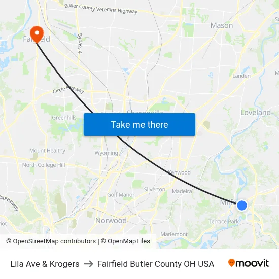 Lila Ave & Krogers to Fairfield Butler County OH USA map
