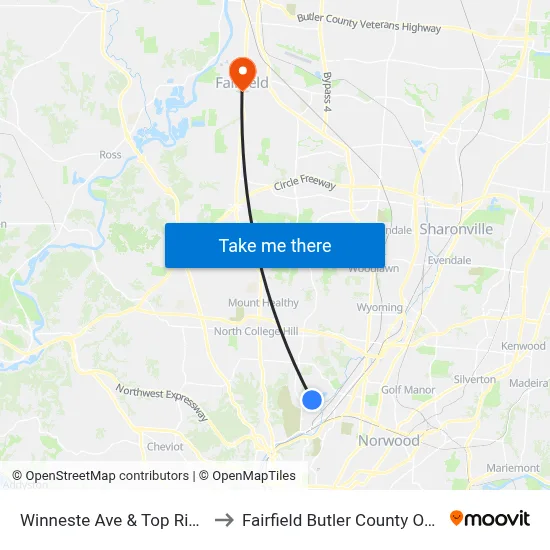 Winneste Ave & Top Ridge Pl to Fairfield Butler County OH USA map