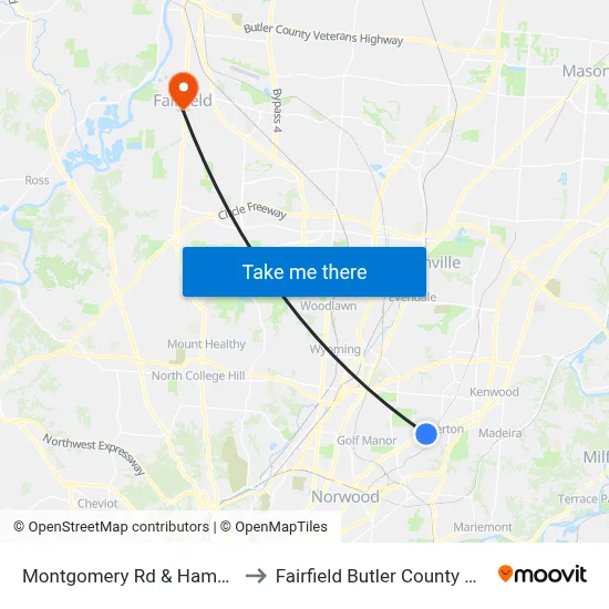 Montgomery Rd & Hampton Dr to Fairfield Butler County OH USA map