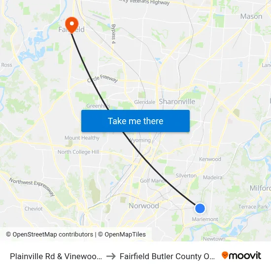 Plainville Rd & Vinewood Ave to Fairfield Butler County OH USA map
