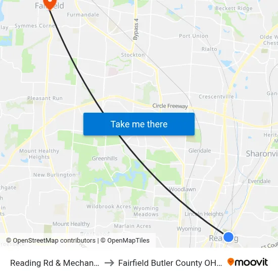 Reading Rd & Mechanic St to Fairfield Butler County OH USA map