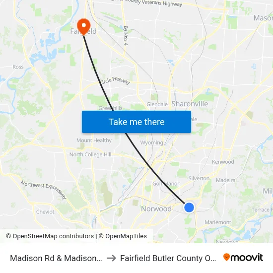 Madison Rd & Madison Bowl to Fairfield Butler County OH USA map