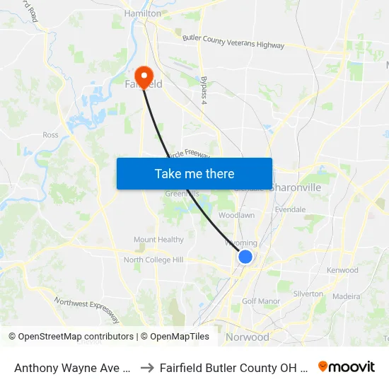 Anthony Wayne Ave 390 to Fairfield Butler County OH USA map