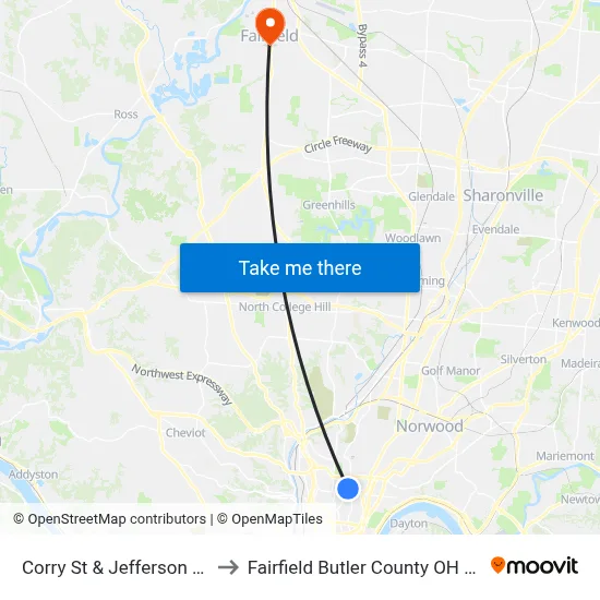 Corry St & Jefferson Ave to Fairfield Butler County OH USA map