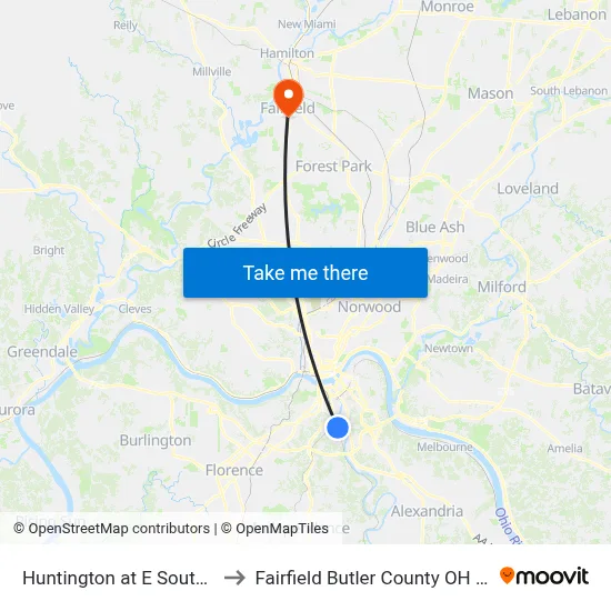 Huntington at E Southern to Fairfield Butler County OH USA map