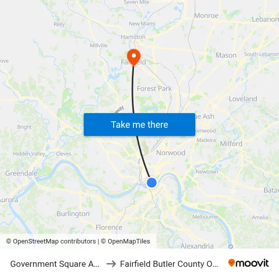Government Square Area D to Fairfield Butler County OH USA map
