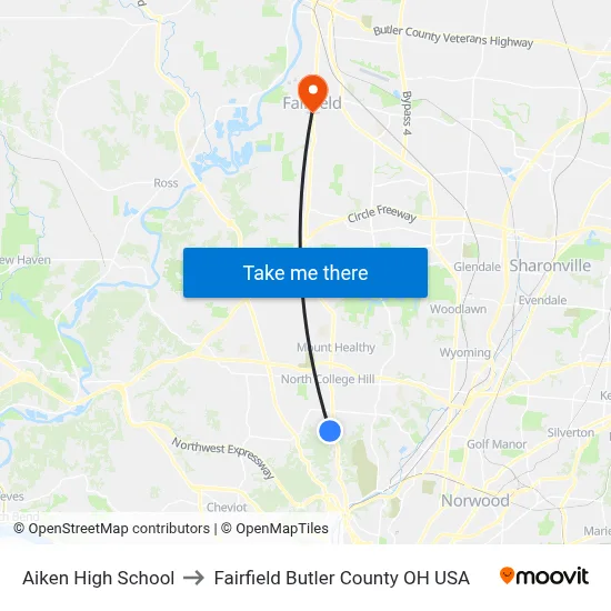 Aiken High School to Fairfield Butler County OH USA map