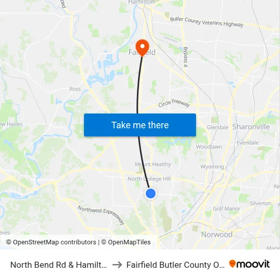 North Bend Rd & Hamilton Ave to Fairfield Butler County OH USA map
