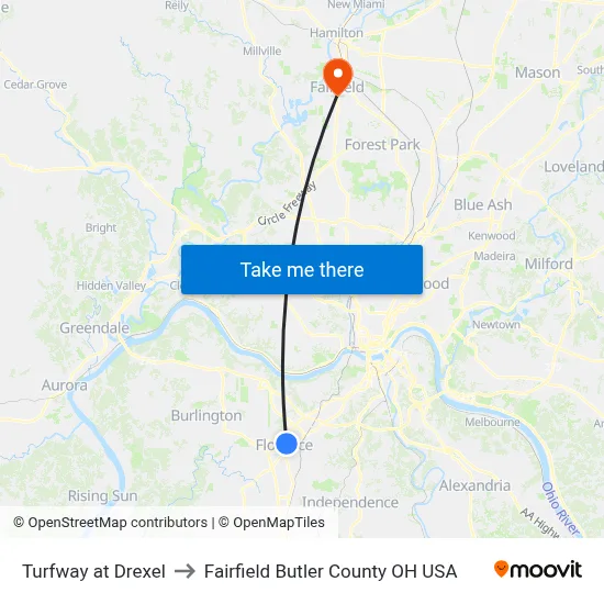 Turfway at Drexel to Fairfield Butler County OH USA map