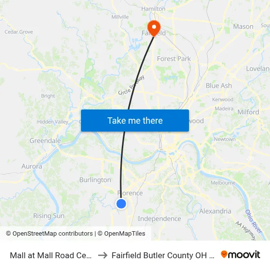 Mall at Mall Road Center to Fairfield Butler County OH USA map