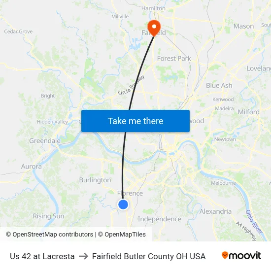 Us 42 at Lacresta to Fairfield Butler County OH USA map