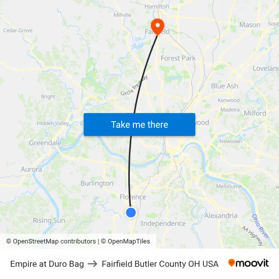 Empire at Duro Bag to Fairfield Butler County OH USA map