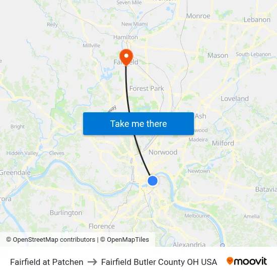 Fairfield at Patchen to Fairfield Butler County OH USA map