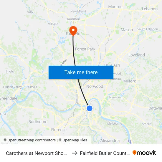 Carothers at Newport Shopping Center to Fairfield Butler County OH USA map