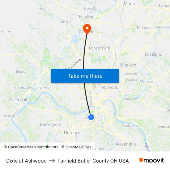 Dixie at Ashwood to Fairfield Butler County OH USA map