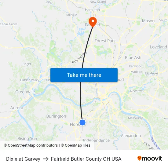 Dixie at Garvey to Fairfield Butler County OH USA map