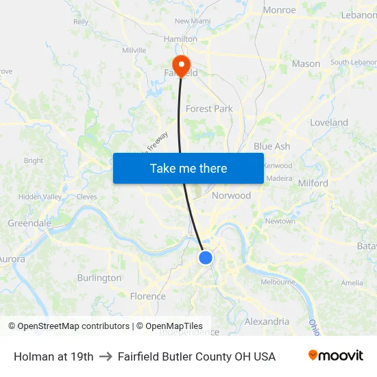 Holman at 19th to Fairfield Butler County OH USA map