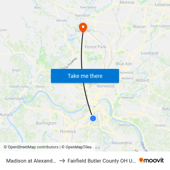Madison at Alexandria to Fairfield Butler County OH USA map