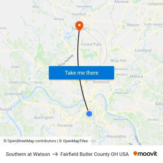 Southern at Watson to Fairfield Butler County OH USA map