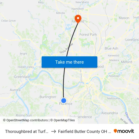 Thoroughbred at Turfway to Fairfield Butler County OH USA map