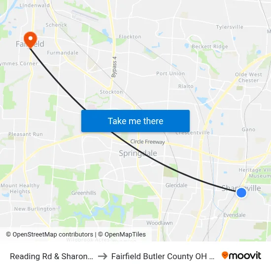 Reading Rd & Sharon Rd to Fairfield Butler County OH USA map