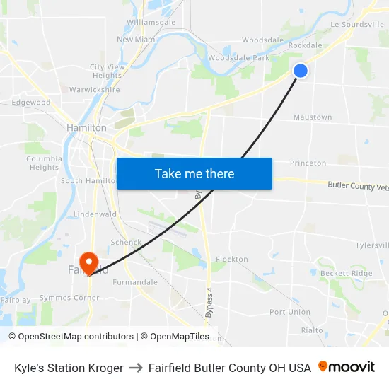 Kyle's Station Kroger to Fairfield Butler County OH USA map