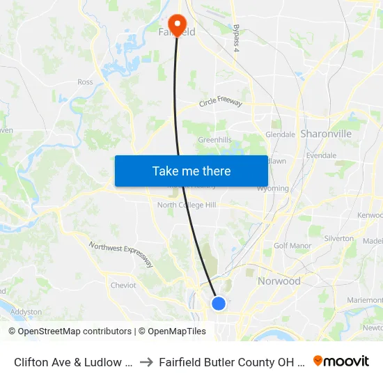 Clifton Ave & Ludlow Ave to Fairfield Butler County OH USA map