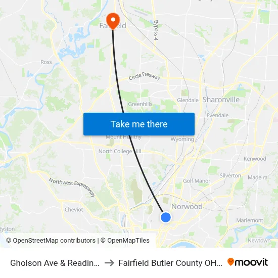 Gholson Ave & Reading Rd to Fairfield Butler County OH USA map
