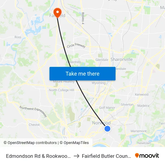 Edmondson Rd & Rookwood Commons to Fairfield Butler County OH USA map