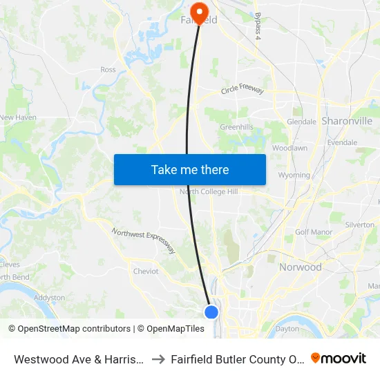 Westwood Ave & Harrison Ave to Fairfield Butler County OH USA map