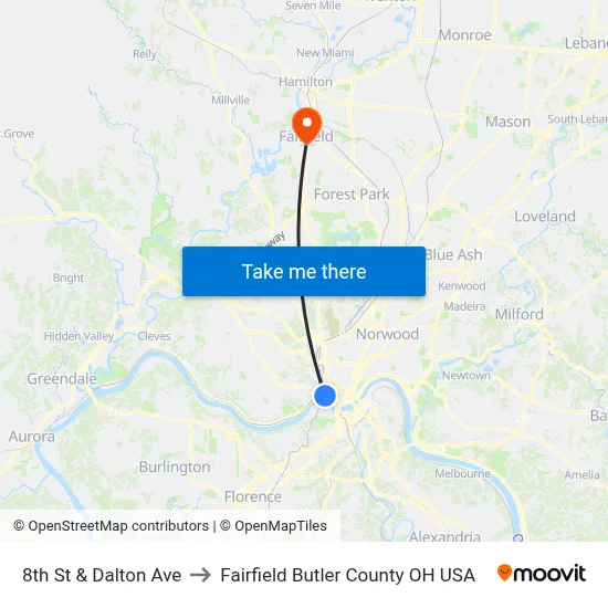 8th St & Dalton Ave to Fairfield Butler County OH USA map