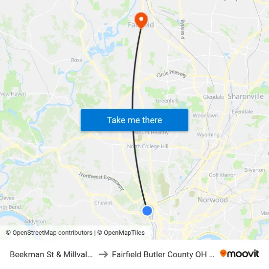 Beekman St & Millvale Ct to Fairfield Butler County OH USA map