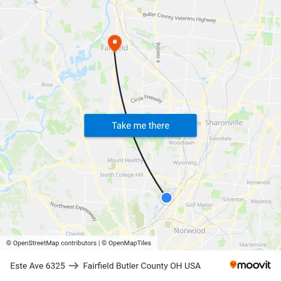 Este Ave 6325 to Fairfield Butler County OH USA map