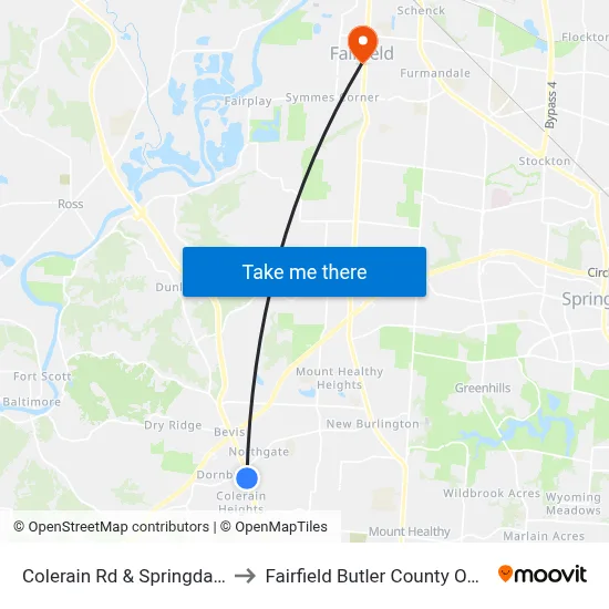 Colerain Rd & Springdale Rd to Fairfield Butler County OH USA map