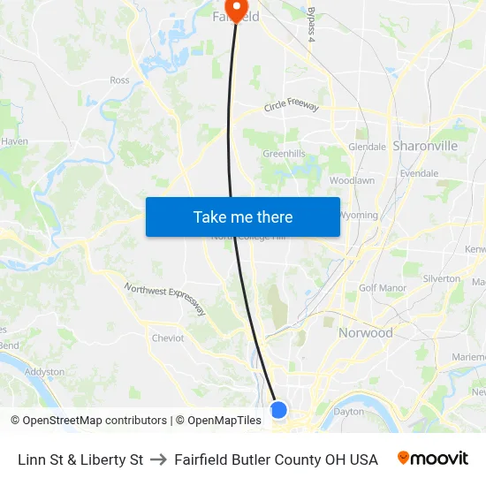 Linn St & Liberty St to Fairfield Butler County OH USA map