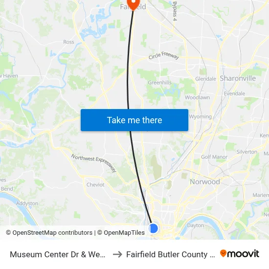 Museum Center Dr & Western Ave to Fairfield Butler County OH USA map