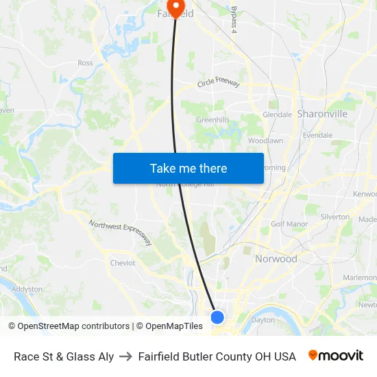 Race St & Glass Aly to Fairfield Butler County OH USA map