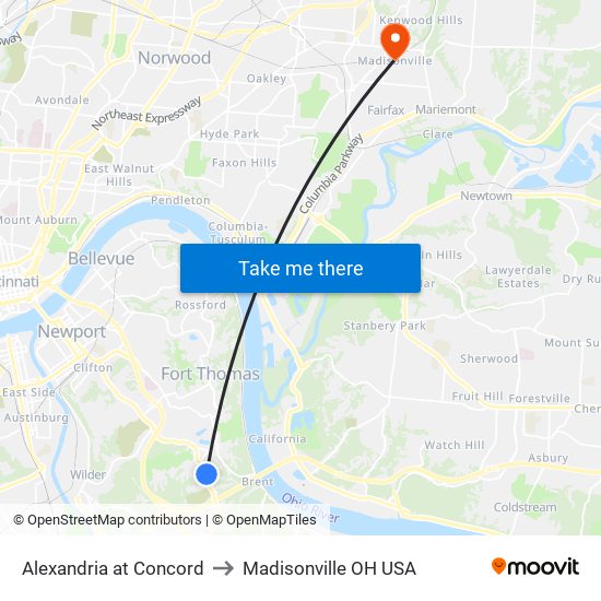 Alexandria at Concord to Madisonville OH USA map