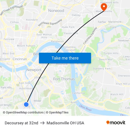 Decoursey at 32nd to Madisonville OH USA map