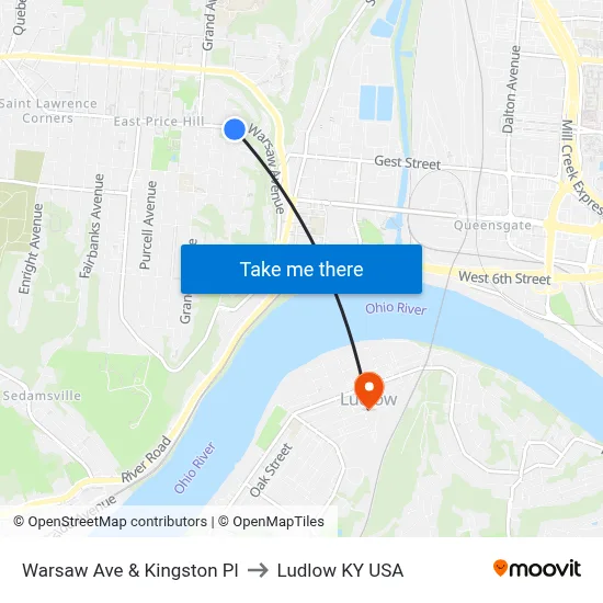 Warsaw Ave & Kingston Pl to Ludlow KY USA map