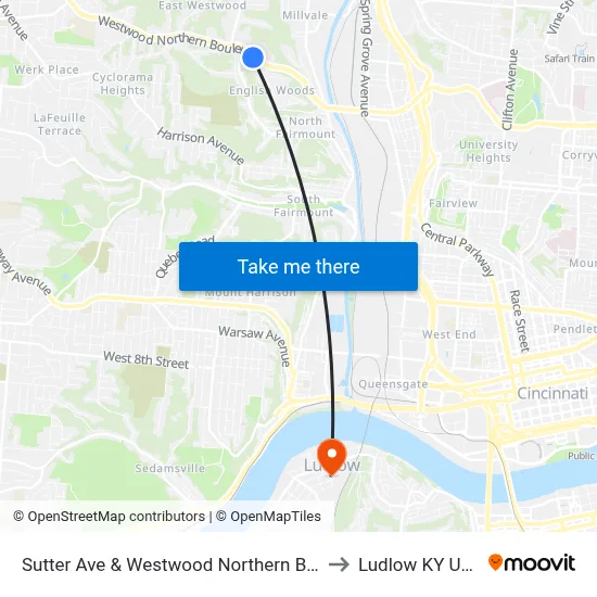 Sutter Ave & Westwood Northern Blvd to Ludlow KY USA map