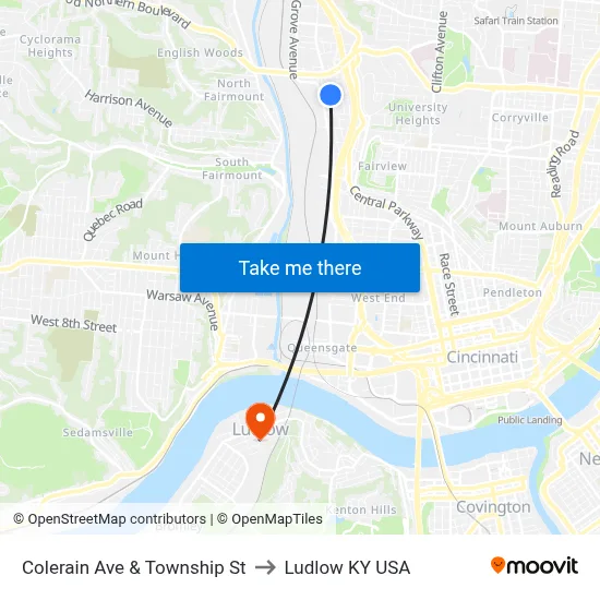 Colerain Ave & Township St to Ludlow KY USA map