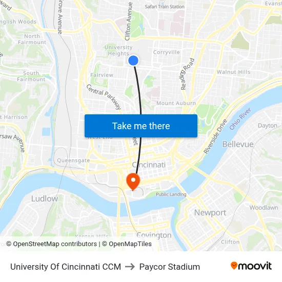University Of Cincinnati CCM to Paycor Stadium map