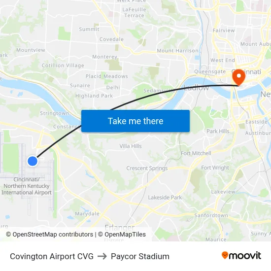 Covington Airport CVG to Paycor Stadium map