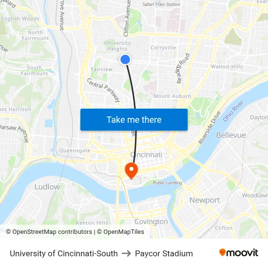 University of Cincinnati-South to Paycor Stadium map